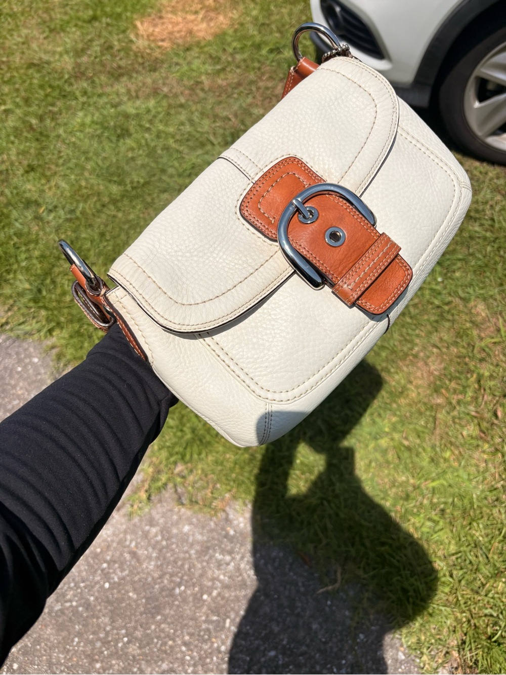 Coach Cream Leather Shoulder Bag with Tan Buckle